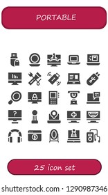  portable icon set. 25 filled portable icons. Simple modern icons about  - Pendrive, Mirror, Computer, Laptop, Flashlight, Hand mirror, Dictaphone, Cup, Headphones, Ipod