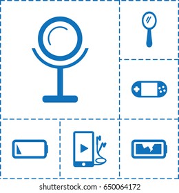 Portable icon. set of 6 portable filled icons such as mirror, portable console, phone and earphones, low battery