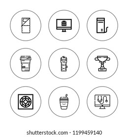 Portable icon set. collection of 9 outline portable icons with coffee cup, computer, cup, cooler, sleeping bag icons. editable icons.