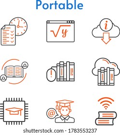 portable icon set. included feedback, cloud, chip, books, test, student, maths, book, information icons. bicolor styles.
