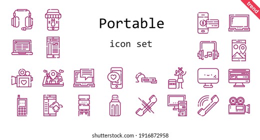 portable icon set. line icon style. portable related icons such as portable fridge, smartphone, usb, headphones, screen, video camera, water dispenser, laptop, earphone, computer, pc, phone