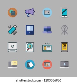 portable icon set. vector set about megaphone, laptop, hard disk and pendrive icons set.