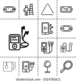 Portable icons. set of 13 editable outline portable icons such as mirror, mp3 player, triangle musical instrument, phone and earphones, broken battery, man with ladder