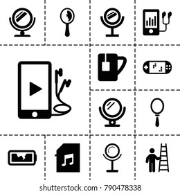 Portable icons. set of 13 editable filled portable icons such as mirror, mp3 player, tea cup, phone and earphones, memory card with music, broken battery, man with ladder