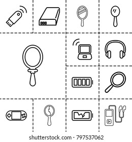 Portable icons. set of 13 editable outline portable icons such as mirror, portable console, headset, battery, ful battery, broken battery, laptop signal, usb signal