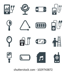 Portable icons. set of 16 editable filled portable icons such as mirror, mp3 player, memory card with music, ful battery, low battery, man with ladder, walkie talkie