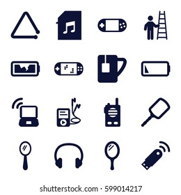 portable icons set. Set of 16 portable filled icons such as mirror, tea cup, triangle musical instrument, mp3 player, memory card with music, headset, low battery