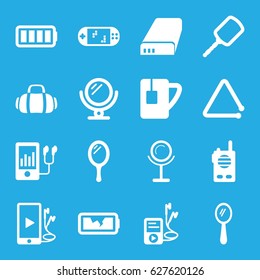 Portable icons set. set of 16 portable filled icons such as mirror, mp3 player, tea cup, triangle musical instrument, phone and earphones, battery, ful battery, broken battery