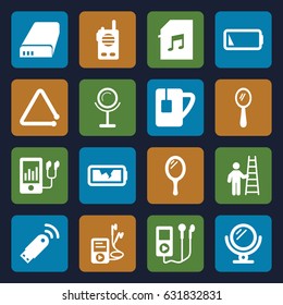 Portable icons set. set of 16 portable filled icons such as mirror, mp3 player, tea cup, triangle musical instrument, memory card with music, battery, low battery