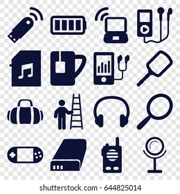 Portable icons set. set of 16 portable filled icons such as mirror, portable console, mp3 player, tea cup, memory card with music, headset, battery, ful battery, sport bag