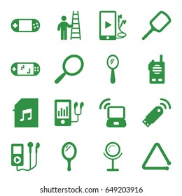Portable icons set. set of 16 portable filled icons such as mirror, mp3 player, triangle musical instrument, phone and earphones, memory card with music, laptop signal