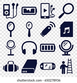 Portable icons set. set of 16 portable filled icons such as mirror, phone and earphones, memory card with music, headset, battery, ful battery, broken battery, sport bag
