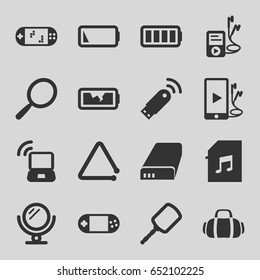 Portable icons set. set of 16 portable filled icons such as mirror, triangle musical instrument, phone and earphones, mp3 player, memory card with music, battery, ful battery