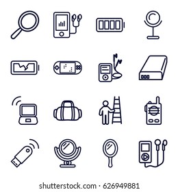 Portable icons set. set of 16 portable outline icons such as mirror, mp3 player, battery, ful battery, broken battery, laptop signal, usb signal, portable game console