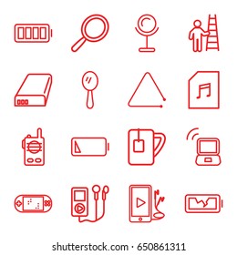 Portable icons set. set of 16 portable outline icons such as mirror, tea cup, triangle musical instrument, phone and earphones, memory card with music, battery, ful battery