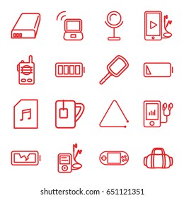 Portable icons set. set of 16 portable outline icons such as mirror, portable console, mp3 player, tea cup, triangle musical instrument, phone and earphones