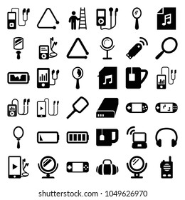 Portable icons. set of 36 editable filled portable icons such as mirror, mp3 player, tea cup, triangle musical instrument, phone and earphones, memory card with music, headset