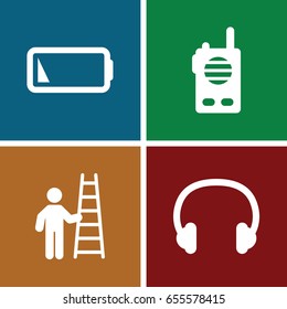 Portable icons set. set of 4 portable filled icons such as headset, low battery, walkie talkie