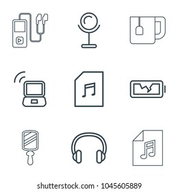 Portable icons. set of 9 editable outline portable icons such as mirror, memory card with music, headset, broken battery, laptop signal, mp3 player