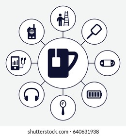 Portable icons set. set of 9 portable filled icons such as mirror, portable console, mp3 player, tea cup, headset, ful battery, walkie talkie