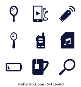 Portable icons set. set of 9 portable filled icons such as mirror, tea cup, phone and earphones, memory card with music, low battery, usb signal