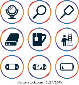 Portable icons set. set of 9 portable filled icons such as mirror, tea cup, battery, low battery