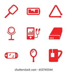 Portable icons set. set of 9 portable filled icons such as mirror, mp3 player, tea cup, triangle musical instrument, battery, broken battery