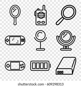 Portable icons set. set of 9 portable outline icons such as mirror, battery, ful battery