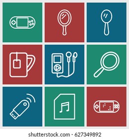 Portable icons set. set of 9 portable outline icons such as mirror, tea cup, memory card with music, usb signal