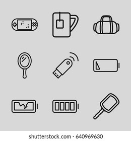 Portable icons set. set of 9 portable outline icons such as mirror, tea cup, ful battery, low battery, broken battery, usb signal, portable game console