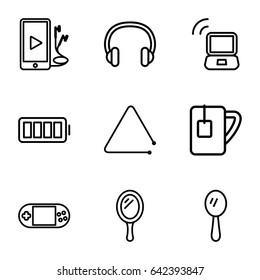 Portable icons set. set of 9 portable outline icons such as mirror, portable console, tea cup, triangle musical instrument, phone and earphones, headset, ful battery