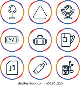 Portable icons set. set of 9 portable outline icons such as mirror, tea cup, triangle musical instrument, mp3 player, memory card with music, broken battery, usb signal