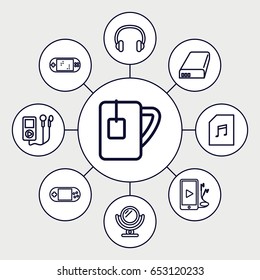 Portable icons set. set of 9 portable outline icons such as mirror, tea cup, phone and earphones, memory card with music, headset, battery