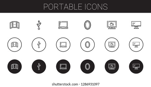portable icons set. Collection of portable with mirror, usb, laptop, monitoring, monitor. Editable and scalable portable icons.