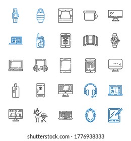 portable icons set. Collection of portable with tablet, mirror, laptop, monitor, headphones, freezer, screen, smartwatch, walkie talkie. Editable and scalable portable icons.