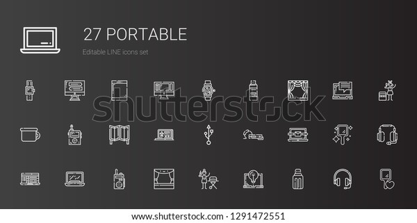 portable\
icons set. Collection of portable with usb, laptop, stage, walkie\
talkie, earphone, room divider, potty, pendrive, smartwatch, hand\
mirror. Editable and scalable portable\
icons.