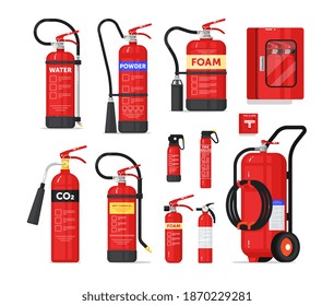 Portable or industrial fire extinguisher firefighter equipment. Fire-fighting safety unit different shape and type for prevention and protection from flame spread vector illustration isolated on white