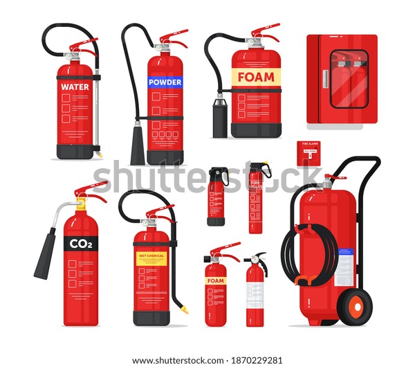 Portable or industrial fire extinguisher\
firefighter equipment. Fire-fighting safety unit different shape\
and type for prevention and protection from flame spread vector\
illustration isolated on\
white