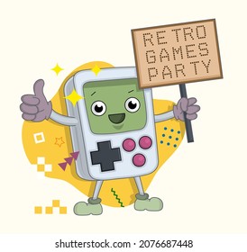 Portable isolated vector game console Tetris. Funny character or mascot for a retro game 80s party. 