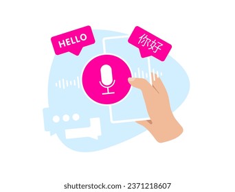 Portable Language Translator concept. Online Translation Mobile App. English to Chinese translation of word Hello. Vector isolated illustration on white background with icons