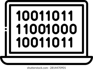 Portable laptop computer displaying rows of binary code on its monitor. This technological setup illustrates computer programming and software engineering. Excellent for coding bootcamps and computer science degree curricula.