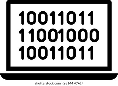 Portable laptop computer displaying rows of binary code on its monitor. This technological setup illustrates computer programming and software engineering. Excellent for coding bootcamps and computer science degree curricula.