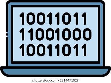 Portable laptop computer displaying rows of binary code on its monitor. This technological setup illustrates computer programming and software engineering. Excellent for coding bootcamps and computer science degree curricula.