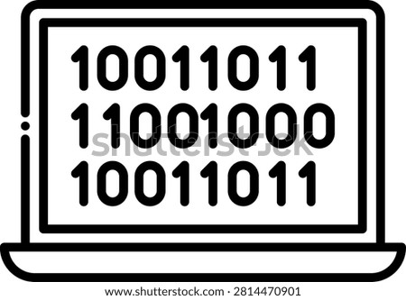 Portable laptop computer displaying rows of binary code on its monitor. This technological setup illustrates computer programming and software engineering. Excellent for coding bootcamps and computer science degree curricula.