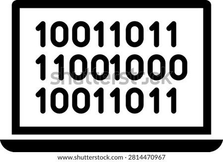 Portable laptop computer displaying rows of binary code on its monitor. This technological setup illustrates computer programming and software engineering. Excellent for coding bootcamps and computer science degree curricula.
