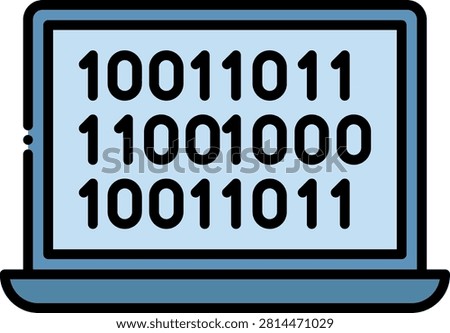 Portable laptop computer displaying rows of binary code on its monitor. This technological setup illustrates computer programming and software engineering. Excellent for coding bootcamps and computer science degree curricula.