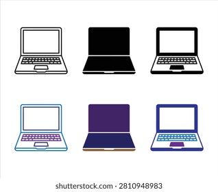 Portable laptop computers and notebook devices isolated icons collection presented in black outline solid black filled blue gradient and multicolor flat designs perfect for digital tech presentations.