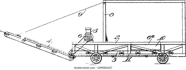 Tragbares Lade-Trap-Fahrzeug, auf dem schwere Geräte gelagert und transportiert werden können, Vintage-Leinen-Zeichnung oder Graviergrafik.