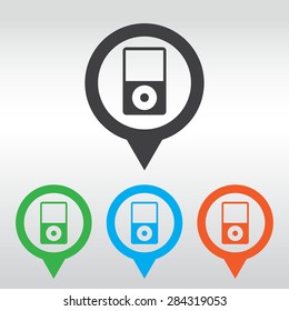 Portable media player icon. Flat design style. icon map pin.