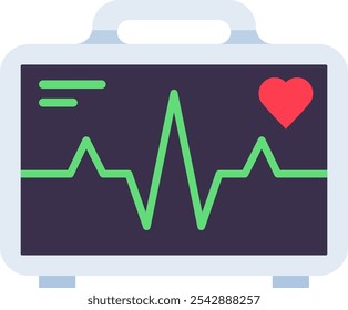 Dispositivo médico portátil com batimento cardíaco e sinais vitais em ecrã, indicando monitorização do doente e diagnóstico de cuidados de saúde